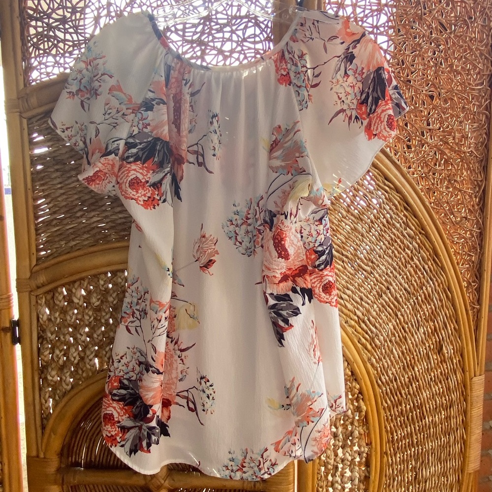 Beautiful Floral Cream and Orange Peasant Blouse Top Size L Excellent Condition - Picture 3 of 8